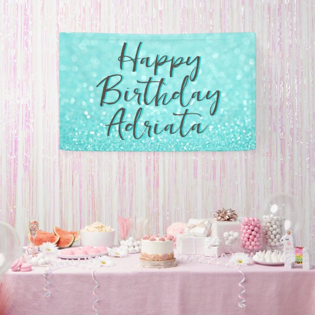 Aqua Teal Glitter Happy Birthday Personalized Banner (Party)