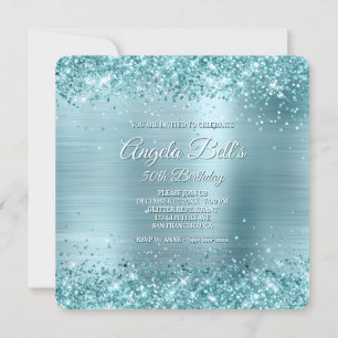 Aqua Teal Glitter Pale Blue Foil 50th Birthday Invitation