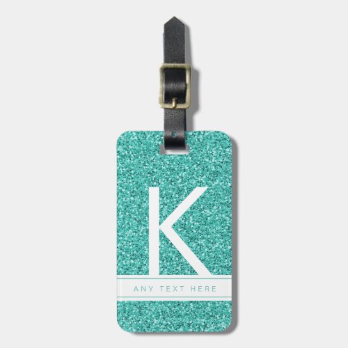 Aqua Teal Glitter Sparkly Modern Monogram Initial Luggage Tag