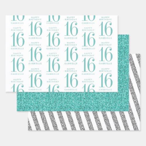 Aqua Teal Glitter Sweet 16 Personalized Turquoise Wrapping Paper Sheets