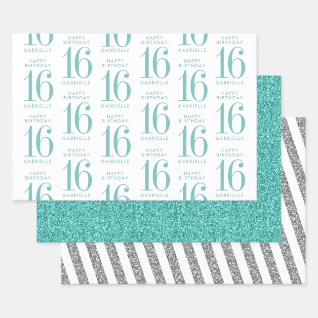 Aqua Teal Glitter Sweet 16 Personalized Turquoise Wrapping Paper Sheets (Set)