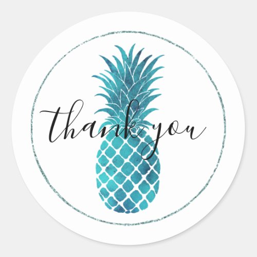 Aqua Teal Glitzy Pineapple Thank you  Classic Round Sticker