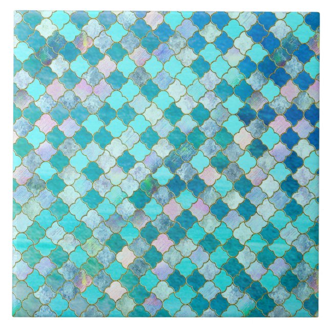 Aqua Teal Gold Oriental Moroccan Tile pattern (Front)