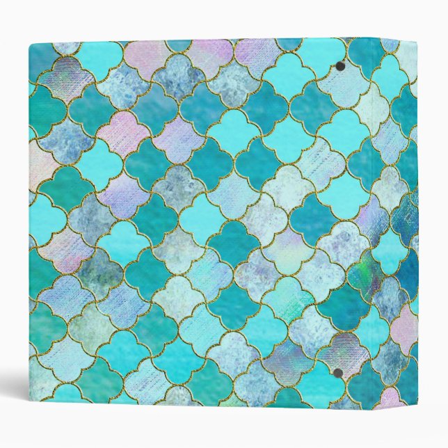 Aqua Teal Gold Oriental Moroccan Tile pattern 3 Ring Binder (Back/Spine)