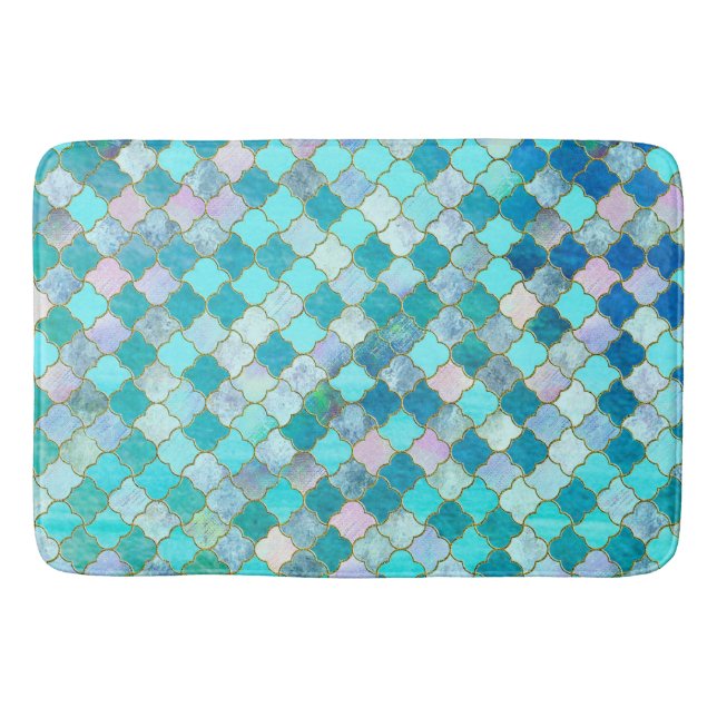 Aqua Teal Gold Oriental Moroccan Tile pattern Bathroom Mat (Front)