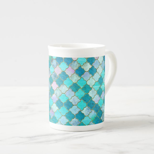 Aqua Teal Gold Oriental Moroccan Tile pattern Bone China Mug (Front Right)