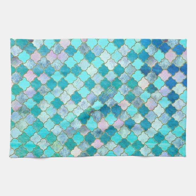 Aqua Teal Gold Oriental Moroccan Tile pattern Kitchen Towel (Horizontal)