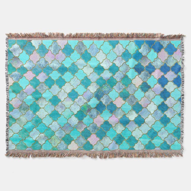 Aqua Teal Gold Oriental Moroccan Tile pattern Throw Blanket (Front)