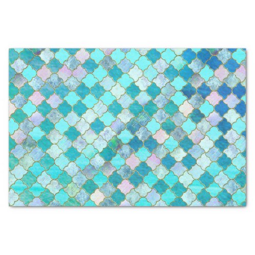 Aqua Teal Gold Oriental Moroccan Tile pattern Tissue Paper