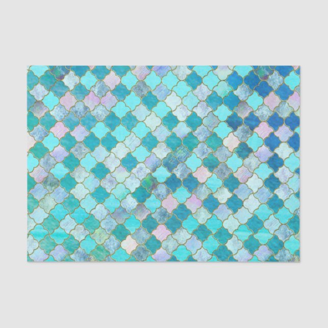 Aqua Teal Gold Oriental Moroccan Tile pattern Tissue Paper (Front)