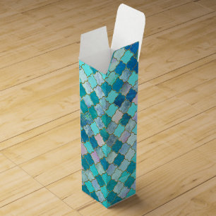Aqua Teal Gold Oriental Moroccan Tile pattern Wine Gift Box