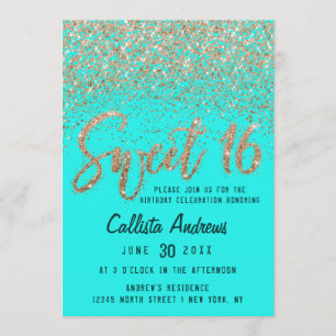 Aqua Teal Gold Scattered Glitter Ombre Sweet 16 Invitation