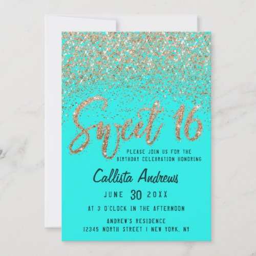 Aqua Teal Gold Scattered Glitter Ombre Sweet 16 Invitation