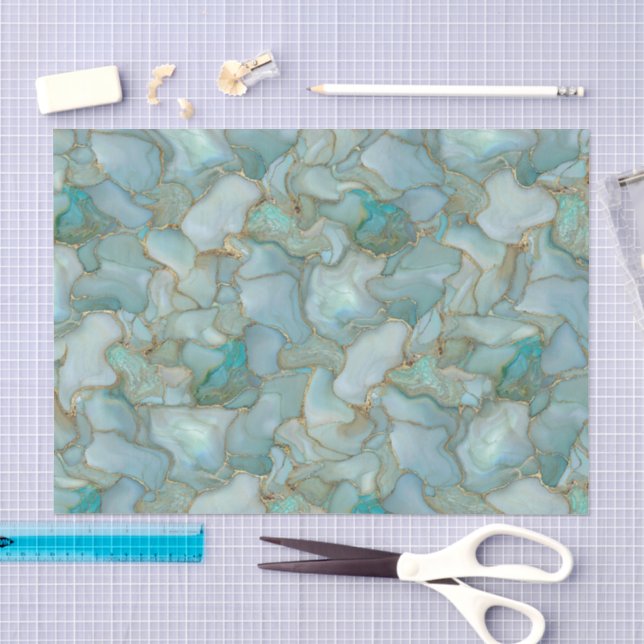 Aqua Teal Gold Watercolor Marbelized Sea Glass  Tissue Paper (Craft)