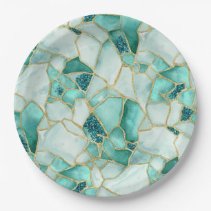 Aqua Teal Gold Watercolor Sea Glass Mosaic Pattern Paper Plates