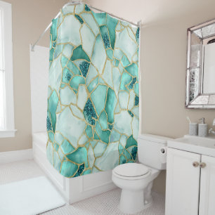 Aqua Teal Gold Watercolor Sea Glass Mosaic Pattern Shower Curtain