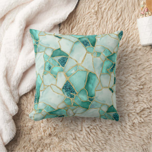 Aqua Teal Gold Watercolor Sea Glass Mosaic Pattern Throw Pillow