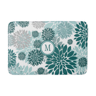 Aqua Teal Gray Flower Graphic Pattern Bath Mat