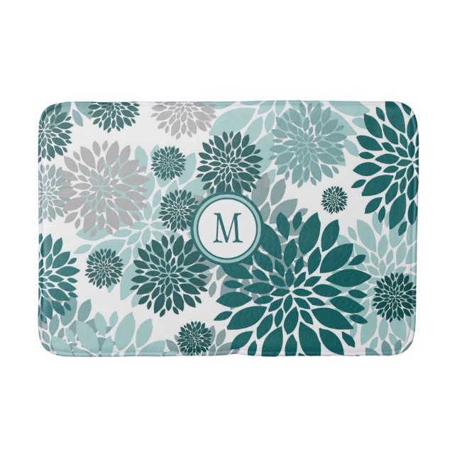 Aqua Teal Gray Flower Graphic Pattern Bath Mat (Front)
