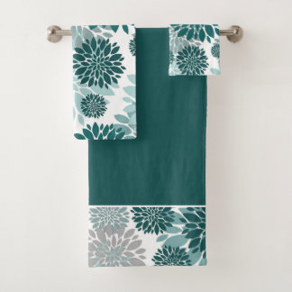 Aqua Teal Gray Flower Pattern Bath Towel Set
