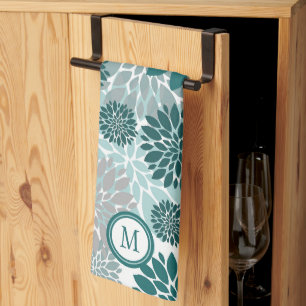 Aqua Teal Gray Flower Pattern Monogram Kitchen Towel
