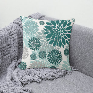 Aqua Teal Gray Flower Pattern Throw Pillow