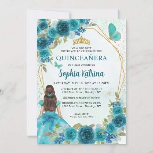Aqua Teal Green Gold Floral Princess Quinceaera Invitation