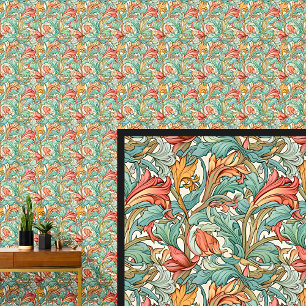 Aqua Teal Green Orange Art Nouveau  Wallpaper
