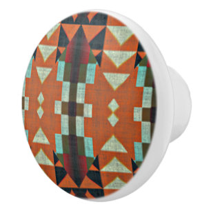 Aqua Teal Green Orange Taupe Beige Tribal Art Ceramic Knob