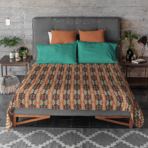Aqua Teal Green Orange Taupe Beige Tribal Art Duvet Cover
