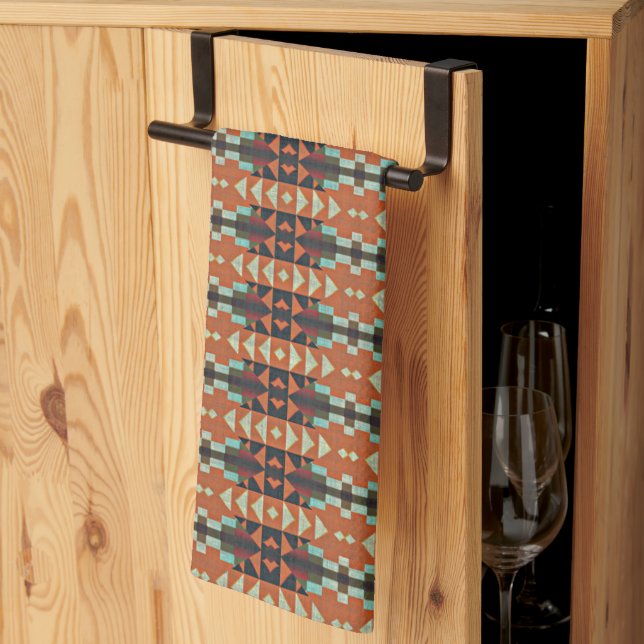 Aqua Teal Green Orange Taupe Beige Tribal Art Kitchen Towel (Thirds Fold)