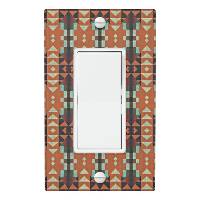 Aqua Teal Green Orange Taupe Beige Tribal Art Light Switch Cover (In Situ)