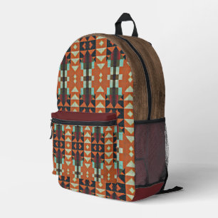 Aqua Teal Green Orange Taupe Beige Tribal Art Printed Backpack