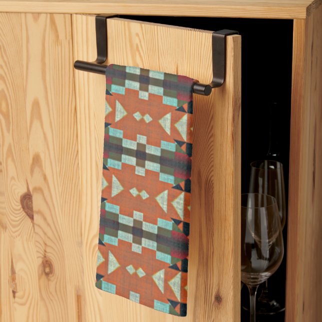 Aqua Teal Green Orange Taupe Beige Tribal Art Towel (Thirds Fold)