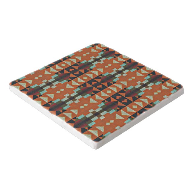 Aqua Teal Green Orange Taupe Beige Tribal Art Trivet (Corner)