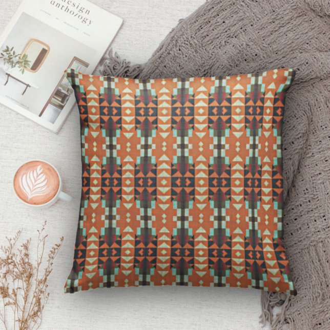 Aqua Teal Green Orange Taupe Beige Tribal Pattern Throw Pillow (Creator Uploaded)