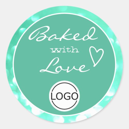 Aqua Teal Green Orbs Frame Baked with Love Logo Classic Round Sticker