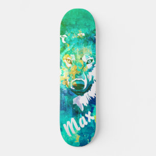 Aqua teal green white watercolor wolf skateboard