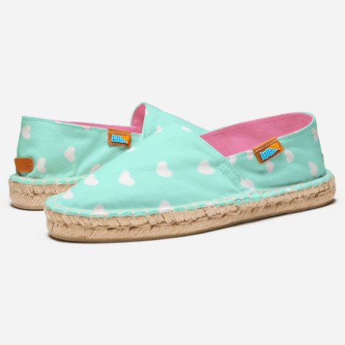 Aqua  Teal Green with Cute White Hearts Patterned Espadrilles
