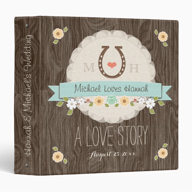 AQUA TEAL HORSESHOE HEART WESTERN WEDDING BINDER (Front/Spine)