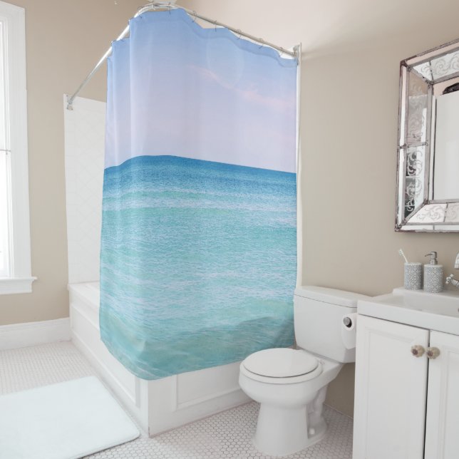 Aqua Teal Lavender Ocean Waves Tropical Beach Shower Curtain (In Situ)
