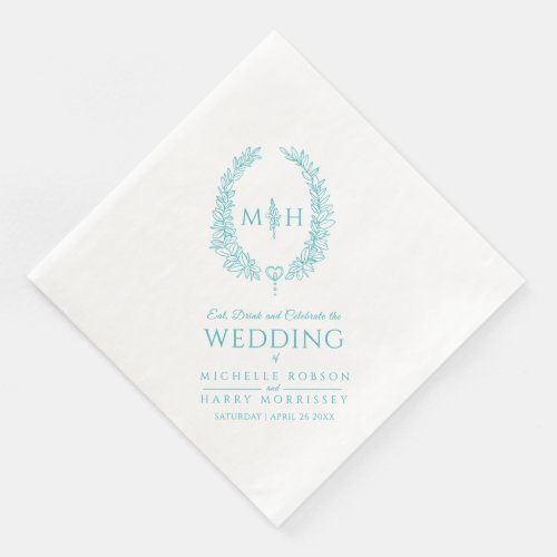 Aqua teal leaf oval wreath monogram art wedding paper dinner napkins