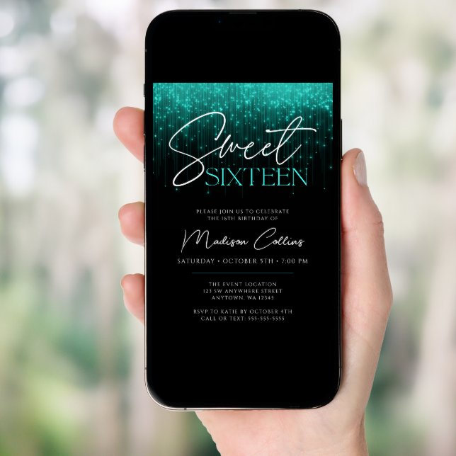 Aqua Teal Lights Black Sweet 16 Invitation (Front Digital)