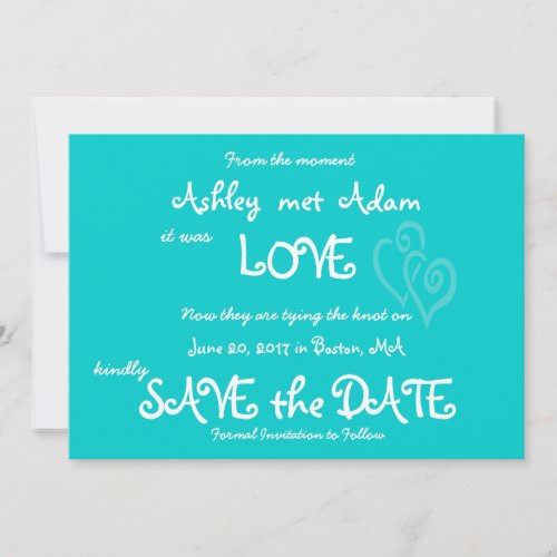 Aqua Teal Love, Hearts Photo Save the Date Card