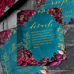 Aqua Teal Merlot Jewel Tone Gold Wedding Details Enclosure Card
