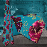 Aqua Teal Merlot Jewel Tone Gold Wedding Neck Tie<br><div class="desc">An aqua teal blue merlot burgundy red jewel tone wedding neck tie,  matching the invitation by the same name,  featuring a symphony of pinkish bordeaux raspberry burgundy red peonies embellished with gold spray and shimmering gold outlines around a medium teal aqua blue background</div>