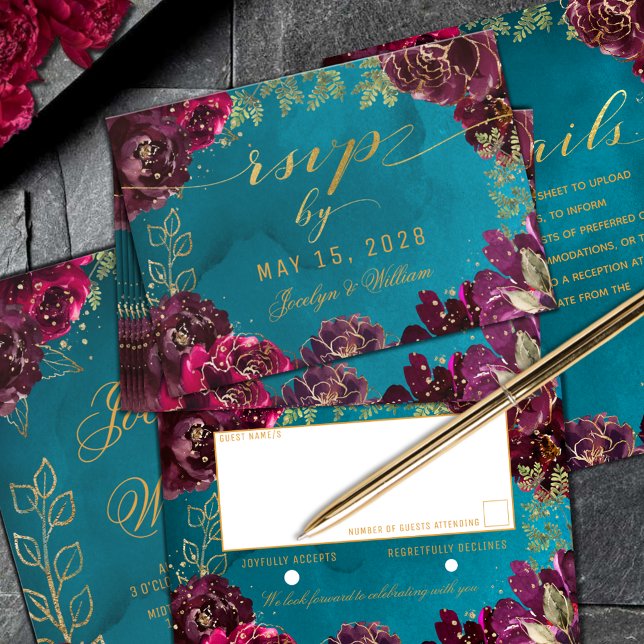 Aqua Teal Merlot Jewel Tone Gold Wedding RSVP  (Aqua Teal Merlot Jewel Tone Gold Wedding RSVP return-by-mail enclosure card)