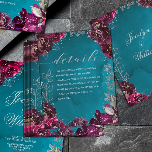 Aqua Teal Merlot Jewel Tone Wedding Details Sheet Enclosure Card