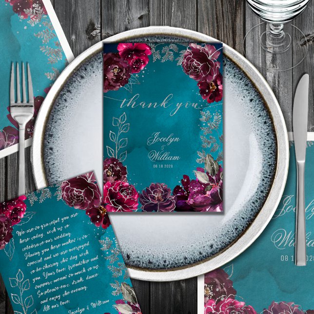 Aqua Teal Merlot Jewel Tone Wedding Dinner Plate Thank You Card (Aqua Teal Merlot Jewel Tone Wedding Place Setting Thank You Card with heartfelt writing on the back)