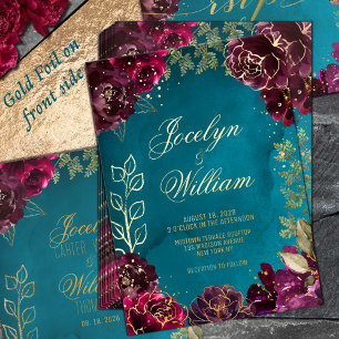 Aqua Teal Merlot Jewel Tone Wedding Foil Invitation